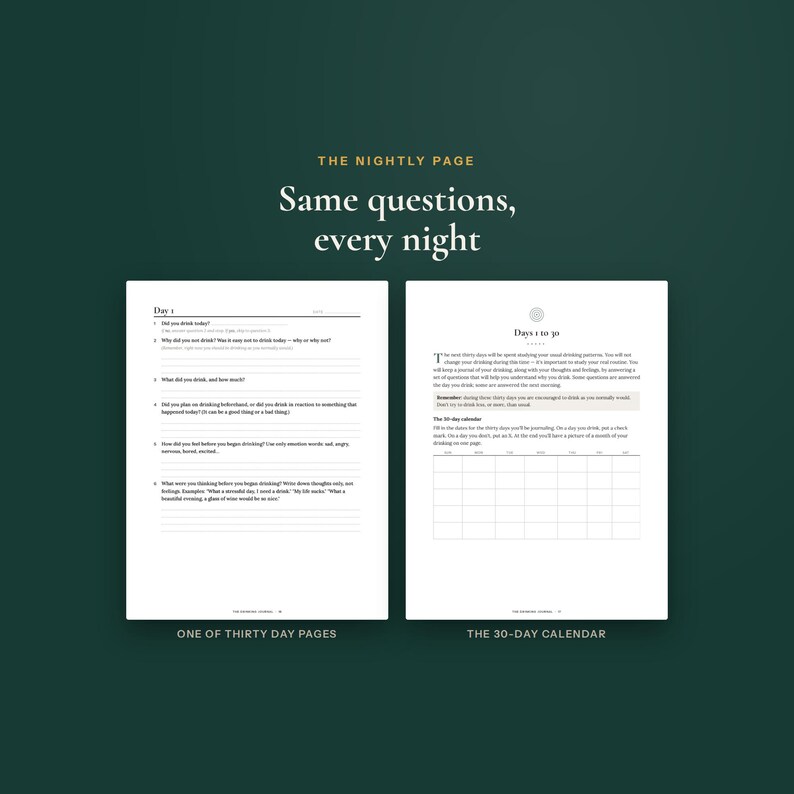 May include: Two white journal pages with black text on a dark green background. The left page is titled Day 1 with lines for daily questions. The right page is titled Days 1 to 30 and includes a 30-day calendar grid for tracking daily habits.