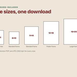 May include: A digital graphic displaying five rectangular print sizes in inches: 8.5x11, 8x10, 11x14, 12x18, and 16x20. The text reads: PRINT SIZES INCLUDED, Five sizes, one download, Home printer, Standard frame, Poster frame, Large frame.