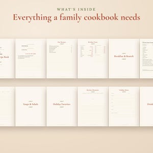 May include: A collection of twelve cream-colored pages for a family recipe book. The text includes headings such as What's Inside, Everything a family cookbook needs, The Family Recipe Book, Our Recipes, Kitchen Notes, Breakfast & Brunch, Soups & Salads, Holiday Favorites, Kitchen Memories, Holiday Menu, and Drinks & Extras.