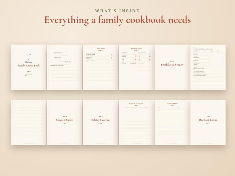 May include: A collection of twelve cream-colored pages for a family recipe book. The text includes headings such as What's Inside, Everything a family cookbook needs, The Family Recipe Book, Our Recipes, Kitchen Notes, Breakfast & Brunch, Soups & Salads, Holiday Favorites, Kitchen Memories, Holiday Menu, and Drinks & Extras.