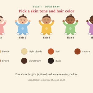 May include: A customization chart titled STEP 1 YOUR BABY Pick a skin tone and hair color. It displays five cartoon babies with different skin tones in pink, blue, yellow, green, and purple onesies, plus color swatches for hair and text instructions.