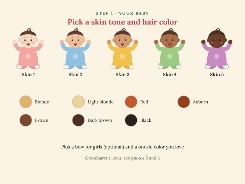 May include: A customization chart titled STEP 1 YOUR BABY Pick a skin tone and hair color. It displays five cartoon babies with different skin tones in pink, blue, yellow, green, and purple onesies, plus color swatches for hair and text instructions.