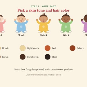 Puede incluir: Una tabla de personalizaci&oacute;n titulada STEP 1 YOUR BABY Pick a skin tone and hair color. Muestra cinco beb&eacute;s de dibujos animados con diferentes tonos de piel en mamelucos rosa, azul, amarillo, verde y morado, adem&aacute;s de muestras de color de pelo.