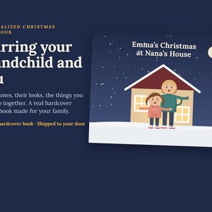 May include: A personalized hardcover Christmas storybook with a dark blue background. The cover features a house, a full moon, and two illustrated figures with the text Emma's Christmas at Nana's House. The left side displays the text Personalized Christmas Storybook, Starring your grandchild and you, and 24-page hardcover book.