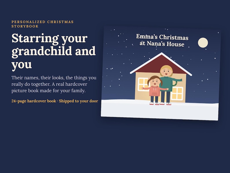 May include: A personalized hardcover Christmas storybook with a dark blue background. The cover features a house, a full moon, and two illustrated figures with the text Emma's Christmas at Nana's House. The left side displays the text Personalized Christmas Storybook, Starring your grandchild and you, and 24-page hardcover book.