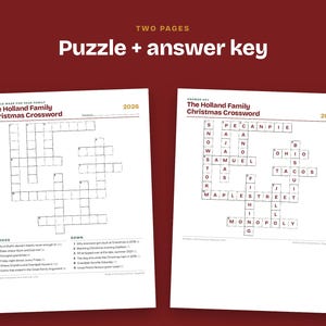 Pu&ograve; includere: Due pagine bianche che presentano The Holland Family Christmas Crossword per il 2026. La pagina sinistra mostra la griglia del cruciverba vuota con indizi numerati. La pagina destra mostra la chiave di risposta completata con le parole inserite.