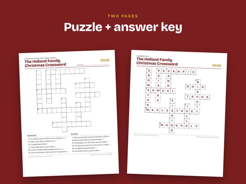 Pu&ograve; includere: Due pagine bianche che presentano The Holland Family Christmas Crossword per il 2026. La pagina sinistra mostra la griglia del cruciverba vuota con indizi numerati. La pagina destra mostra la chiave di risposta completata con le parole inserite.