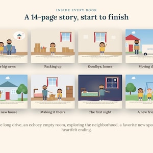 May include: A 14-page storybook titled Inside Every Book, A 14-page story, start to finish. It features eight illustrated panels depicting a family moving to a new home, including scenes of packing, moving day, the new house, and making new friends.
