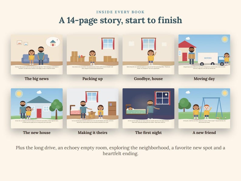 May include: A 14-page storybook titled Inside Every Book, A 14-page story, start to finish. It features eight illustrated panels depicting a family moving to a new home, including scenes of packing, moving day, the new house, and making new friends.