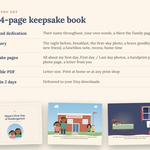 May include: A 24-page keepsake book with text detailing contents including title, dedication, story, and keepsake pages. The visual shows a book cover titled Maya's First Day of Kindergarten, a school building illustration, and a bedroom scene at night.