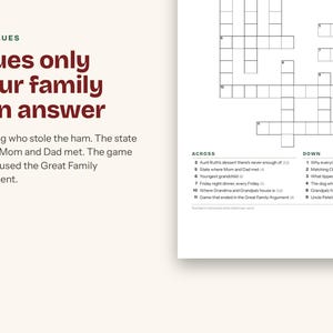 Pu&ograve; includere: Un foglio di cruciverba stampabile intitolato The Clues, caratterizzato da una griglia di caselle vuote e un elenco di domande numerate sotto le intestazioni Across e Down. Il testo recita Clues only your family can answer, seguito da quesiti.