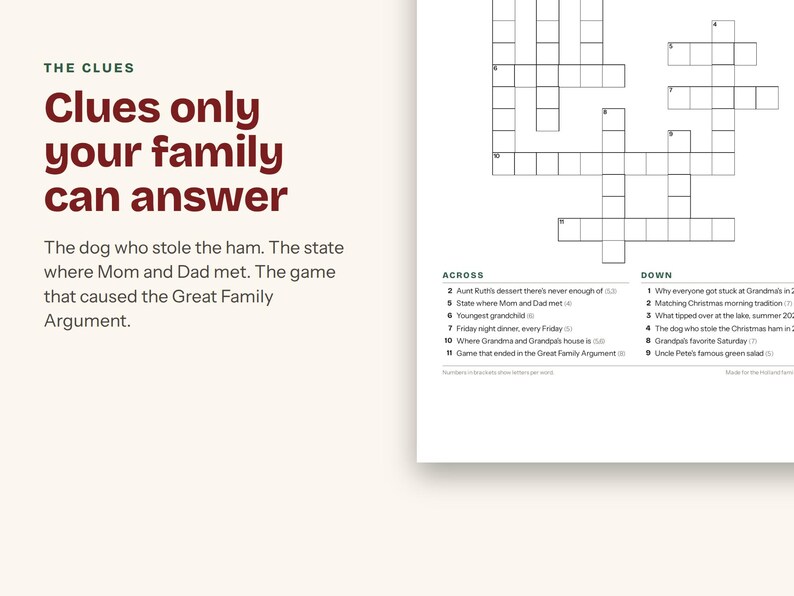 Pu&ograve; includere: Un foglio di cruciverba stampabile intitolato The Clues, caratterizzato da una griglia di caselle vuote e un elenco di domande numerate sotto le intestazioni Across e Down. Il testo recita Clues only your family can answer, seguito da quesiti.