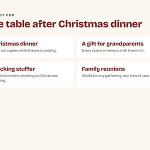 Pu&ograve; includere: Un grafico con testo rosso scuro su sfondo chiaro. L'intestazione recita: PERFECT FOR The table after Christmas dinner. Quattro riquadri rettangolari bianchi contengono testo: Christmas dinner, A gift for grandparents, Stocking stuffer, Family reunions.