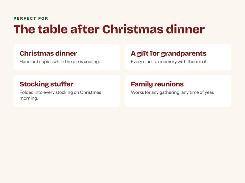 Pu&ograve; includere: Un grafico con testo rosso scuro su sfondo chiaro. L'intestazione recita: PERFECT FOR The table after Christmas dinner. Quattro riquadri rettangolari bianchi contengono testo: Christmas dinner, A gift for grandparents, Stocking stuffer, Family reunions.