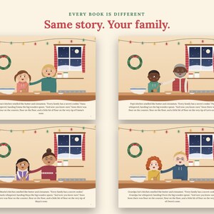 K&ouml;nnte beinhalten: Eine Sammlung von vier illustrierten Buchseiten, die verschiedene Familienmitglieder beim Backen in einer K&uuml;che zeigen. Jede Szene zeigt zwei Personen an einer Theke mit Text darunter. Oben im Bild steht der Text: EVERY BOOK IS DIFFERENT Same story. Your family.