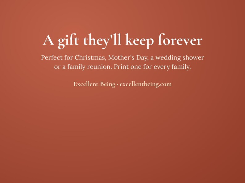 May include: A solid terracotta-colored background featuring white text that reads: A gift they'll keep forever. Perfect for Christmas, Mother's Day, a wedding shower or a family reunion. Print one for every family. Excellent Being &middot; excellentbeing.com
