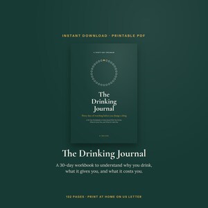 May include: A dark green digital workbook titled The Drinking Journal, featuring a circular graphic of small dots and text that reads A Thirty-Day Program, The Drinking Journal, Thirty days of watching before you change a thing.