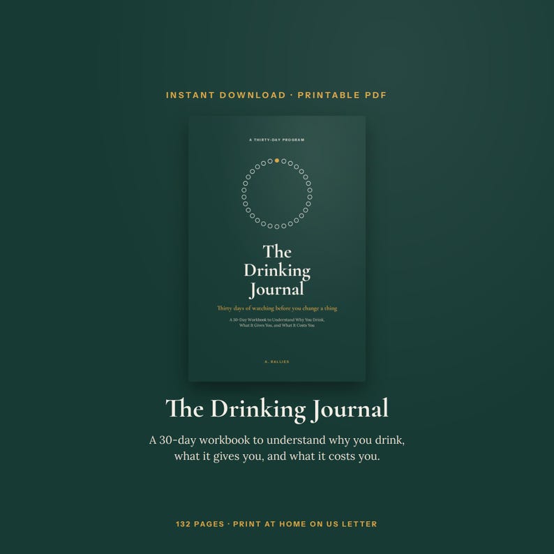 May include: A dark green digital workbook titled The Drinking Journal, featuring a circular graphic of small dots and text that reads A Thirty-Day Program, The Drinking Journal, Thirty days of watching before you change a thing.