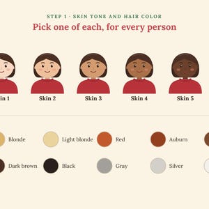 Puede incluir: Una tabla de personalizaci&oacute;n titulada STEP 1 SKIN TONE AND HAIR COLOR. Muestra cinco figuras de dibujos animados con tonos de piel variados etiquetados de Skin 1 a Skin 5, todos con camisas rojas. Debajo, c&iacute;rculos de colores representan opciones de pelo.