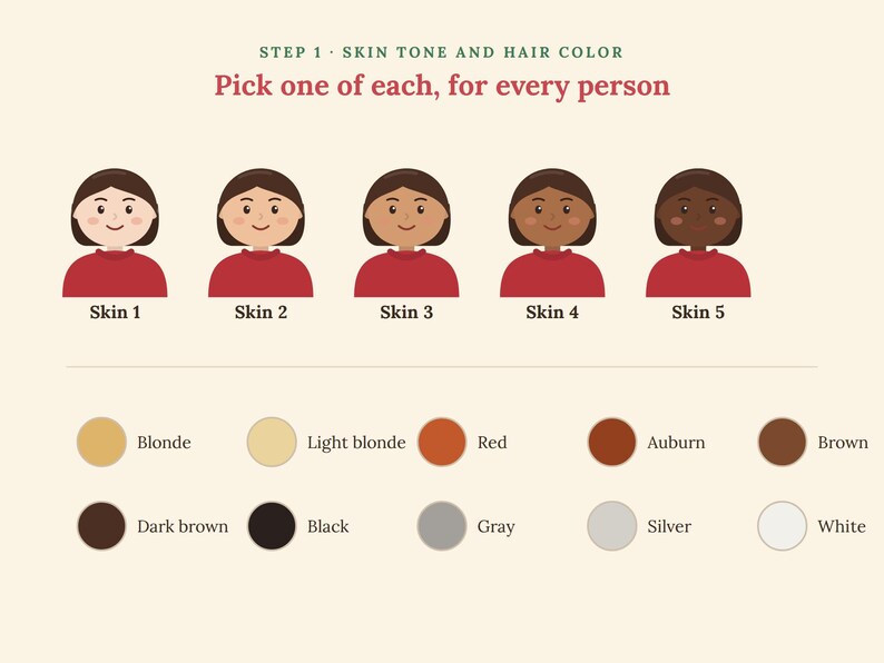 Puede incluir: Una tabla de personalizaci&oacute;n titulada STEP 1 SKIN TONE AND HAIR COLOR. Muestra cinco figuras de dibujos animados con tonos de piel variados etiquetados de Skin 1 a Skin 5, todos con camisas rojas. Debajo, c&iacute;rculos de colores representan opciones de pelo.
