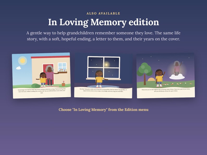 Pu&ograve; includere: Una grafica promozionale per l'edizione In Loving Memory di un libro per bambini. Mostra tre pagine illustrate con un bambino e una persona anziana, con il testo: Also available In Loving Memory edition. Choose In Loving Memory from the Edition menu.