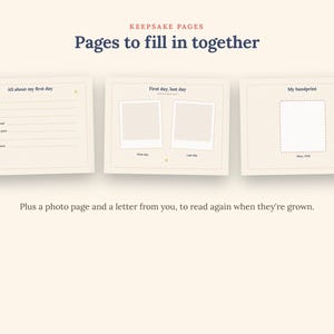 May include: Three cream-colored keepsake pages with dark blue text. The first page is titled All about my first day with lines for information. The second page is titled First day, last day with two photo frames. The third page is titled My handprint.