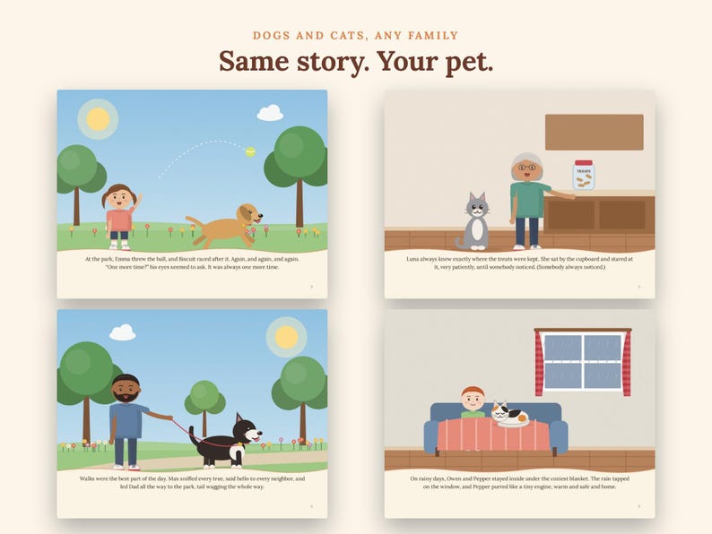 May include: A children's book page layout featuring four illustrated scenes with pets and people. The text at the top reads: DOGS AND CATS, ANY FAMILY. Same story. Your pet. Each scene depicts colourful cartoon characters in various settings.