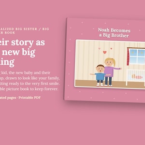 May include: A pink personalized picture book titled Noah Becomes a Big Brother. The cover features an illustration of a child and a sibling standing in a nursery with a crib, a window, and hearts. The text reads Personalized Big Sister / Big Brother Book.