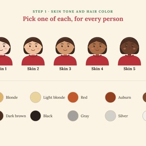 May include: A customization chart titled STEP 1 SKIN TONE AND HAIR COLOR. It displays five cartoon figures with varying skin tones labeled Skin 1 through Skin 5, all wearing red shirts. Below, a grid of color circles represents hair options.