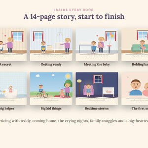 May include: A 14-page children's storybook featuring eight illustrated scenes depicting family life with a new baby. The pages show a child and parent engaging in activities like getting ready, meeting the baby, and bedtime stories with text captions.