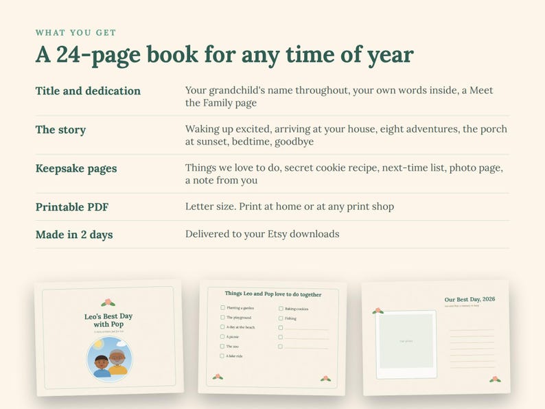 May include: A 24-page book featuring a title page with the text Leo's Best Day with Pop, a list of activities titled Things Leo and Pop love to do together, and a page titled Our Best Day, 2026 with a photo frame and lines for writing notes.