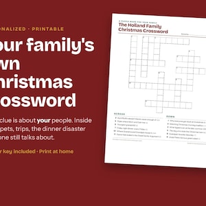 Pu&ograve; includere: Un cruciverba natalizio personalizzabile e stampabile per famiglie, con una griglia bianca su sfondo bianco e il titolo The Holland Family Christmas Crossword 2026. Il documento include indizi numerati in testo di colore nero.