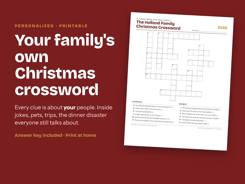 Pu&ograve; includere: Un cruciverba natalizio personalizzabile e stampabile per famiglie, con una griglia bianca su sfondo bianco e il titolo The Holland Family Christmas Crossword 2026. Il documento include indizi numerati in testo di colore nero.