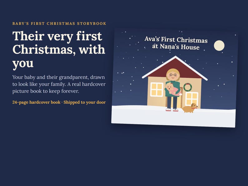May include: A hardcover storybook titled Ava's First Christmas at Nana's House, featuring a cartoon illustration of a person holding a baby in front of a house at night with snow, a wreath, and a dog, set against a dark blue background with text.
