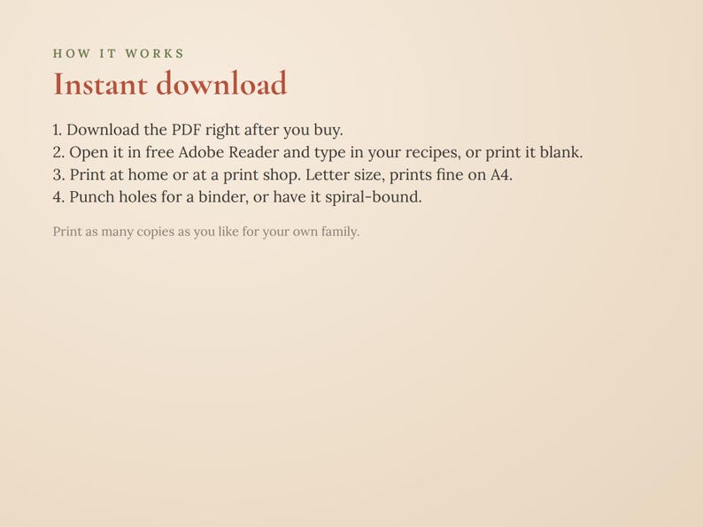 May include: An informational graphic with the heading HOW IT WORKS and the title Instant download in red text. It lists four numbered steps for using a digital PDF file, including printing instructions for letter size and A4 paper formats.