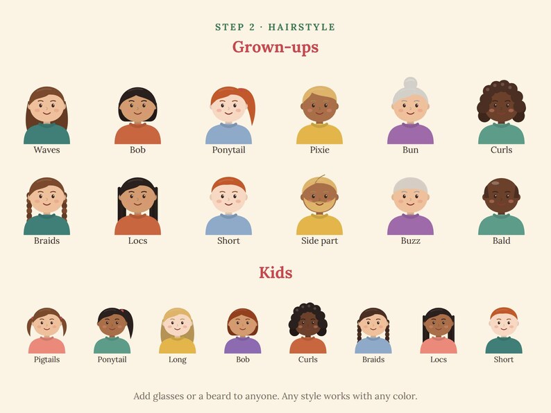 May include: A graphic chart titled STEP 2 HAIRSTYLE featuring illustrations of various hairstyles for Grown-ups and Kids. The grid displays diverse characters with labels including Waves, Bob, Ponytail, Pixie, Bun, Curls, Braids, Locs, Short, Side part, Buzz, Bald, Pigtails, and Long. Text at the bottom reads: Add glasses or a beard to anyone. Any style works with any color.