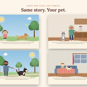 May include: A children's book page layout featuring four illustrated scenes with pets and people. The text at the top reads: DOGS AND CATS, ANY FAMILY. Same story. Your pet. Each scene depicts colourful cartoon characters in various settings.