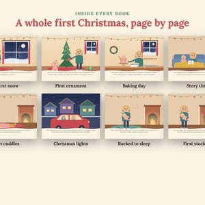 Puede incluir: Un libro titulado A whole first Christmas, page by page, que presenta ocho escenas ilustradas de un beb&eacute; y un cuidador durante las fiestas. Las escenas incluyen la primera nieve, el &aacute;rbol, hornear, leer, mascotas, luces, mecer y un calcet&iacute;n navide&ntilde;o.