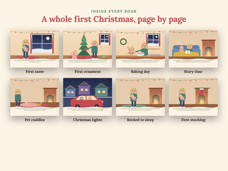 Puede incluir: Un libro titulado A whole first Christmas, page by page, que presenta ocho escenas ilustradas de un beb&eacute; y un cuidador durante las fiestas. Las escenas incluyen la primera nieve, el &aacute;rbol, hornear, leer, mascotas, luces, mecer y un calcet&iacute;n navide&ntilde;o.