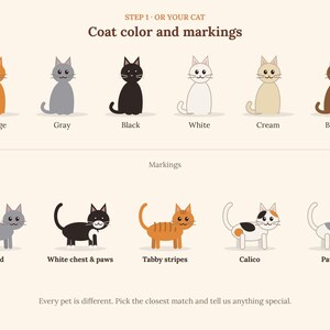 May include: A chart titled STEP 1 OR YOUR CAT Coat colour and markings displaying six cat illustrations in orange, grey, black, white, cream, and brown. Below, five cats show markings: solid, white chest and paws, tabby stripes, calico, and patches.