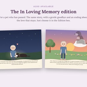 May include: Two pages from a children's book titled The In Loving Memory edition. The left page shows a person and a dog at night under stars. The right page shows a person in a landscape with a dog sitting on a cloud. Text accompanies the illustrations.