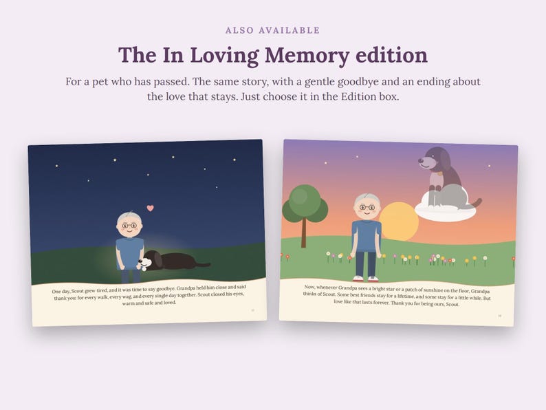 May include: Two pages from a children's book titled The In Loving Memory edition. The left page shows a person and a dog at night under stars. The right page shows a person in a landscape with a dog sitting on a cloud. Text accompanies the illustrations.