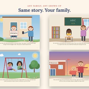 May include: A children's picture book layout featuring four distinct illustrations of school life. The text at the top reads, "ANY FAMILY, ANY GROWN-UP. Same story. Your family." Each panel depicts cartoon characters in scenes including a house, a classroom, a playground with swings, and a school building exterior.