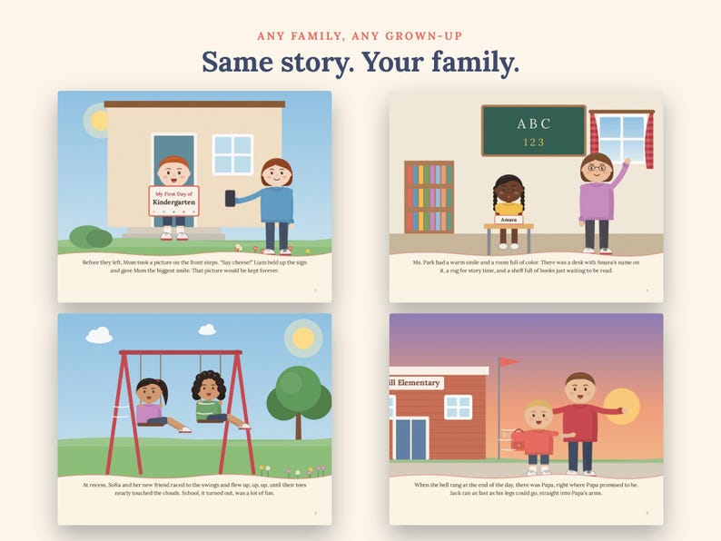 May include: A children's picture book layout featuring four distinct illustrations of school life. The text at the top reads, "ANY FAMILY, ANY GROWN-UP. Same story. Your family." Each panel depicts cartoon characters in scenes including a house, a classroom, a playground with swings, and a school building exterior.