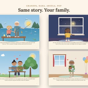 Puede incluir: Un dise&ntilde;o de libro infantil con cuatro ilustraciones coloridas y texto. Las p&aacute;ginas muestran escenas de un ni&ntilde;o pescando con un abuelo, una persona mirando por una ventana de noche, una pareja en un banco de parque y alguien con un beb&eacute;.