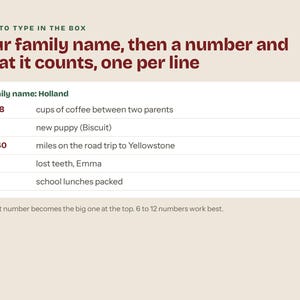 May include: A digital template with dark red text on a light background. The header reads: WHAT TO TYPE IN THE BOX. Your family name, then a number and what it counts, one per line. The example shows Family name: Holland with five rows of data.