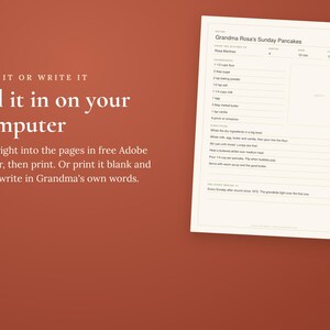 May include: A digital recipe card template titled Grandma Rosa's Sunday Pancakes on a rust-colored background. The document includes sections for ingredients, instructions, and notes, with text stating Type it or write it, Fill it in on your computer.