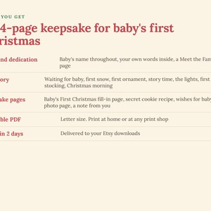 Puede incluir: Un recuerdo de 24 p&aacute;ginas para la primera Navidad del beb&eacute;. Incluye una p&aacute;gina de t&iacute;tulo y dedicatoria, una historia sobre la primera nieve y la ma&ntilde;ana de Navidad, p&aacute;ginas de recuerdo para fotos y notas, y un formato PDF imprimible.