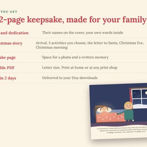 K&ouml;nnte beinhalten: Ein 12-seitiges Erinnerungsbuch f&uuml;r Familien mit Text zur Personalisierung des Covers, Weihnachtsgeschichten-Aktivit&auml;ten, Fotobereich und druckbarem PDF-Format. Enth&auml;lt eine Illustration einer Person, die ein Kind ins Bett bringt.