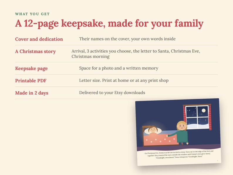 K&ouml;nnte beinhalten: Ein 12-seitiges Erinnerungsbuch f&uuml;r Familien mit Text zur Personalisierung des Covers, Weihnachtsgeschichten-Aktivit&auml;ten, Fotobereich und druckbarem PDF-Format. Enth&auml;lt eine Illustration einer Person, die ein Kind ins Bett bringt.